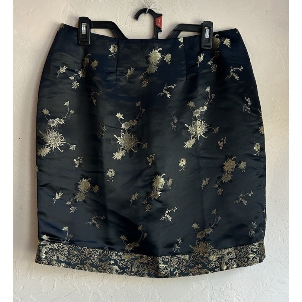 Vintage 90s Y2K Jade Satin Skirt L Jacquard Asian Floral Whimsigoth Fairy